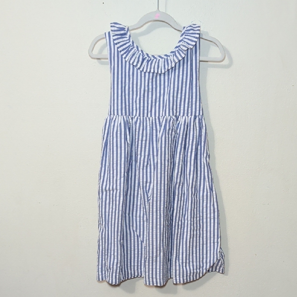 Stitchy Fish Blue and White Striped Sleeveless Dress Ruffle Collar Girls Size 7